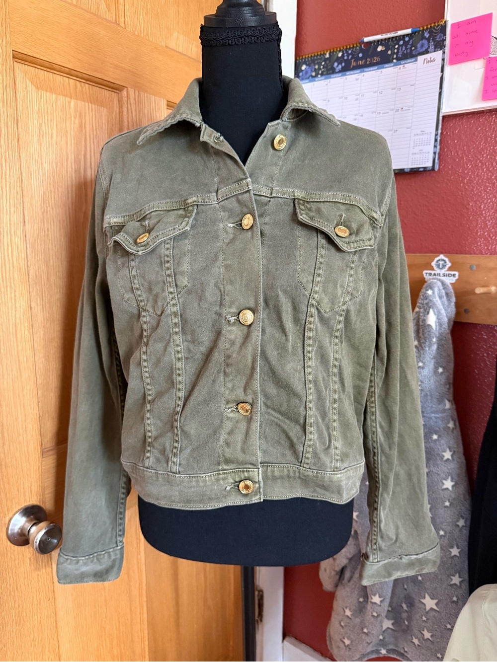 Michael Kors Olive Green Denim Jacket with Gold Buttons